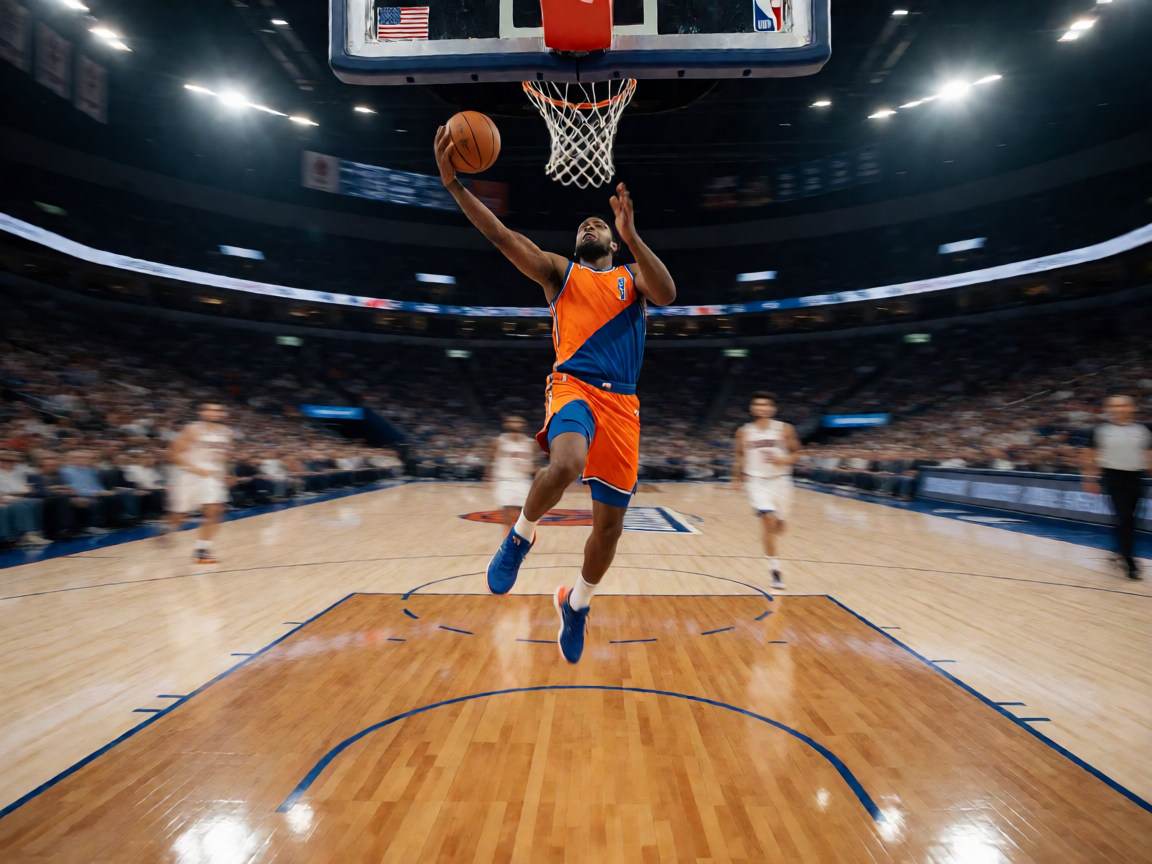 NBA篮球比赛现场，球员在球场上激烈对抗得分